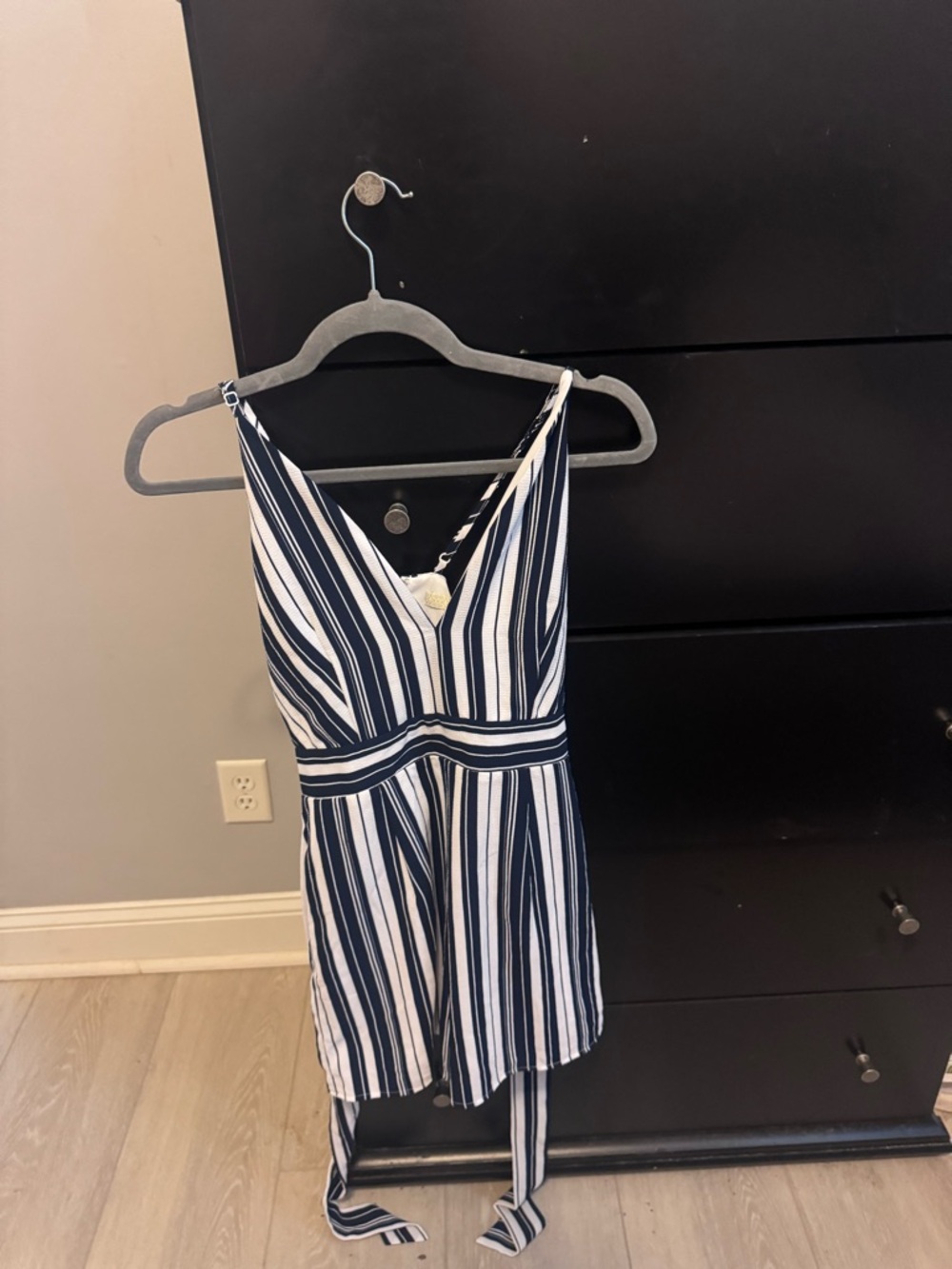 BCBG Navy and White Striped Tie-Waist Romper